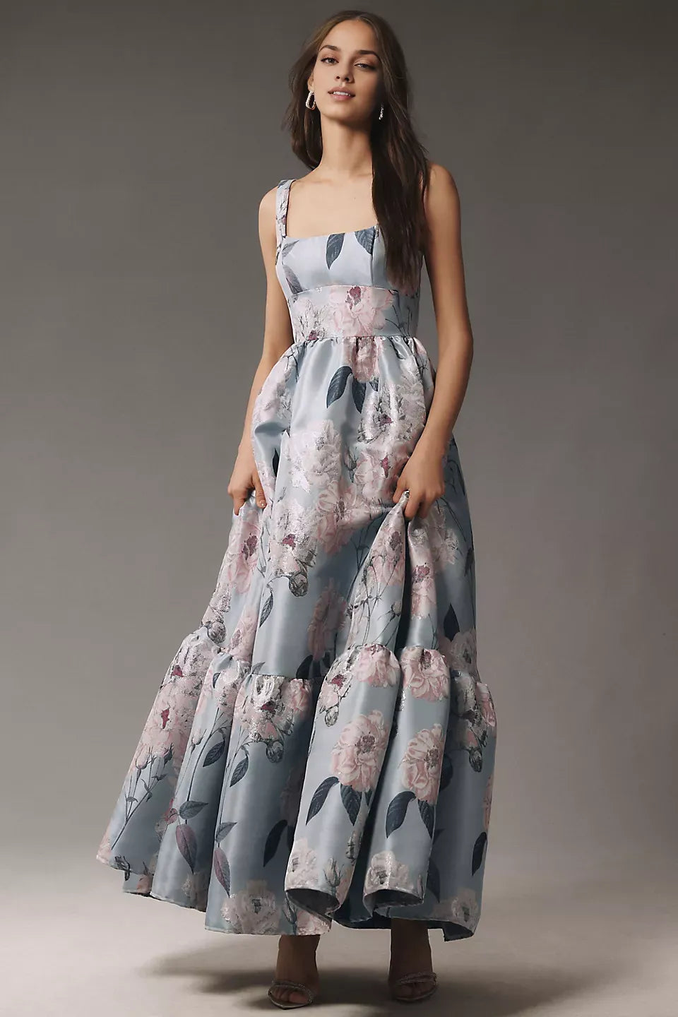 Robe Weitese à col carré, robe longue en satin à imprimé floral romantique, sans manches, coupe trapèze, bretelles larges, robe de bal